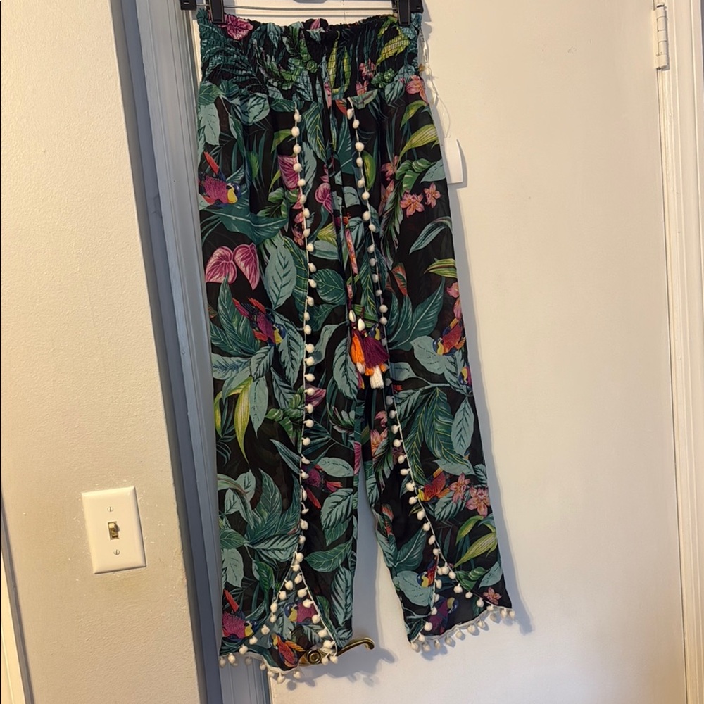 Floral Wide-Leg Pants with Pom-Pom Trim
